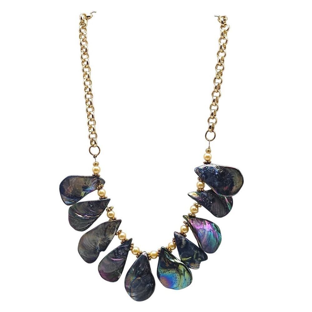 Iridescent Abalone Shell Gold Tone Bead Statement Necklace With Chain Link Clasp